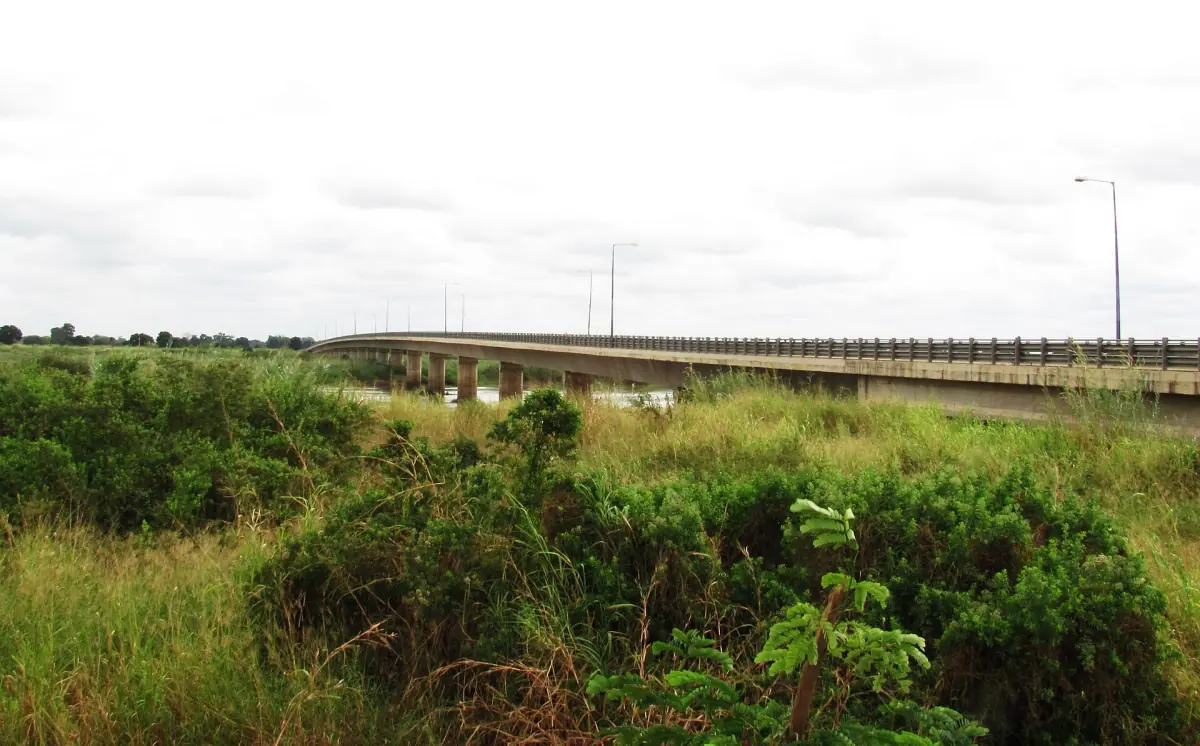 Long road bridge crossing the Rufiji River in green lowland