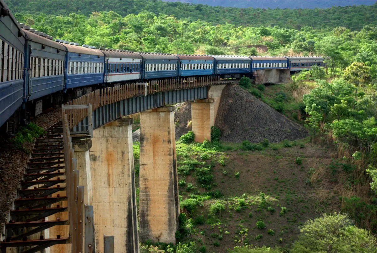 Blue passenger train crossing a high viaduct in green hills